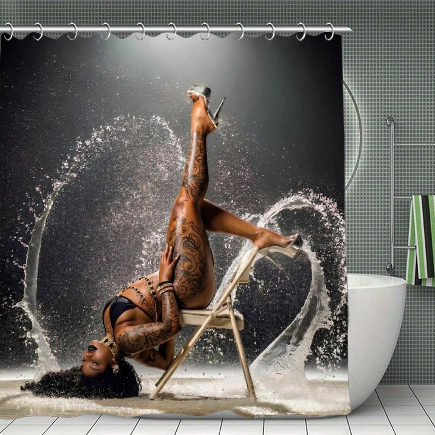 Luxury Black & Gold Tattoo Goddess Shower Curtain Set | Glam Bathroom Decor | Waterproof Modern Bathroom Curtain | Bold Sexy Spa Aesthetic