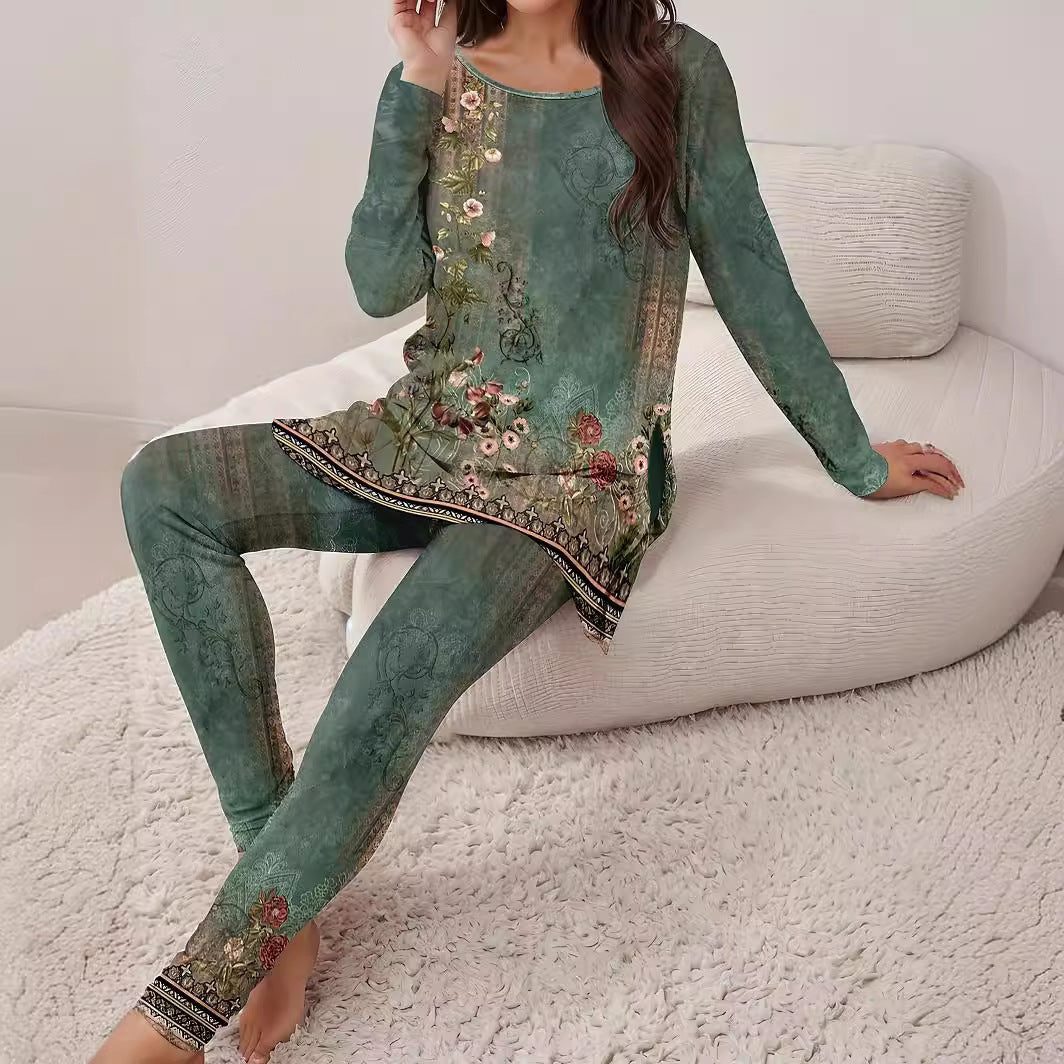 Casual Round Neck Long Sleeve Split Top And Trousers Suit