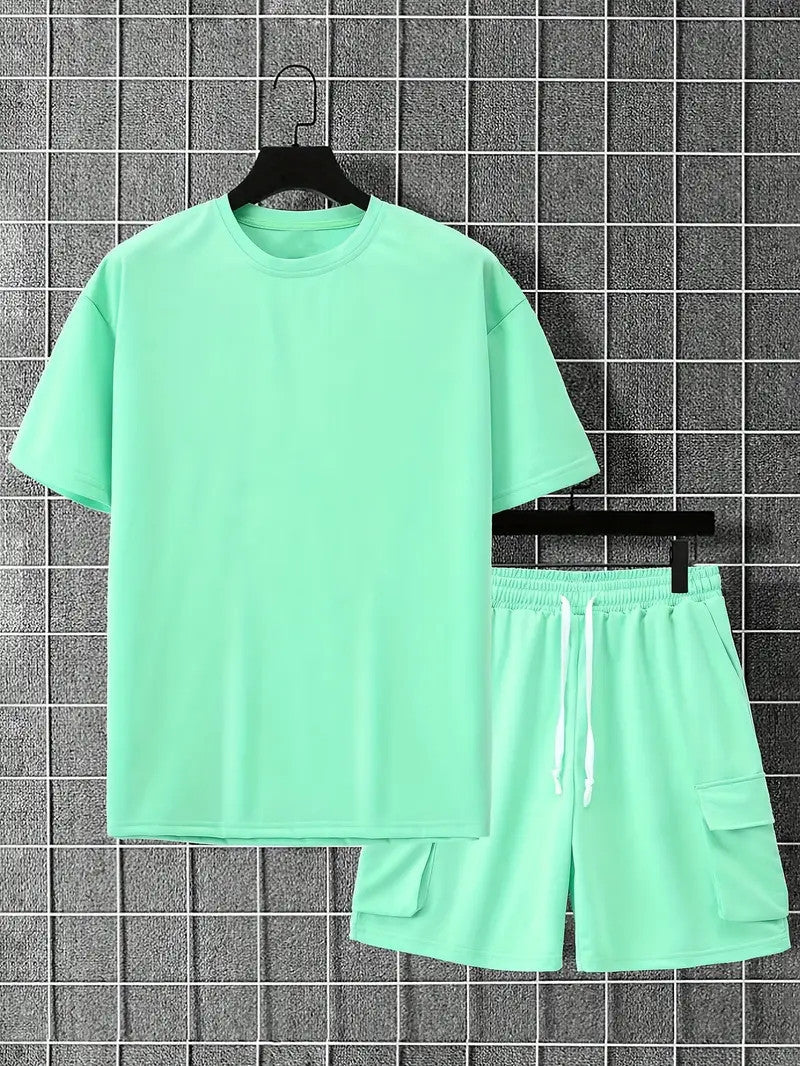 Men's Casual 2-Piece Set – Solid Crew Neck T-Shirt & Drawstring Shorts with Multi Pockets | Summer Outfit for Outdoor, Street wear, Lounge wear