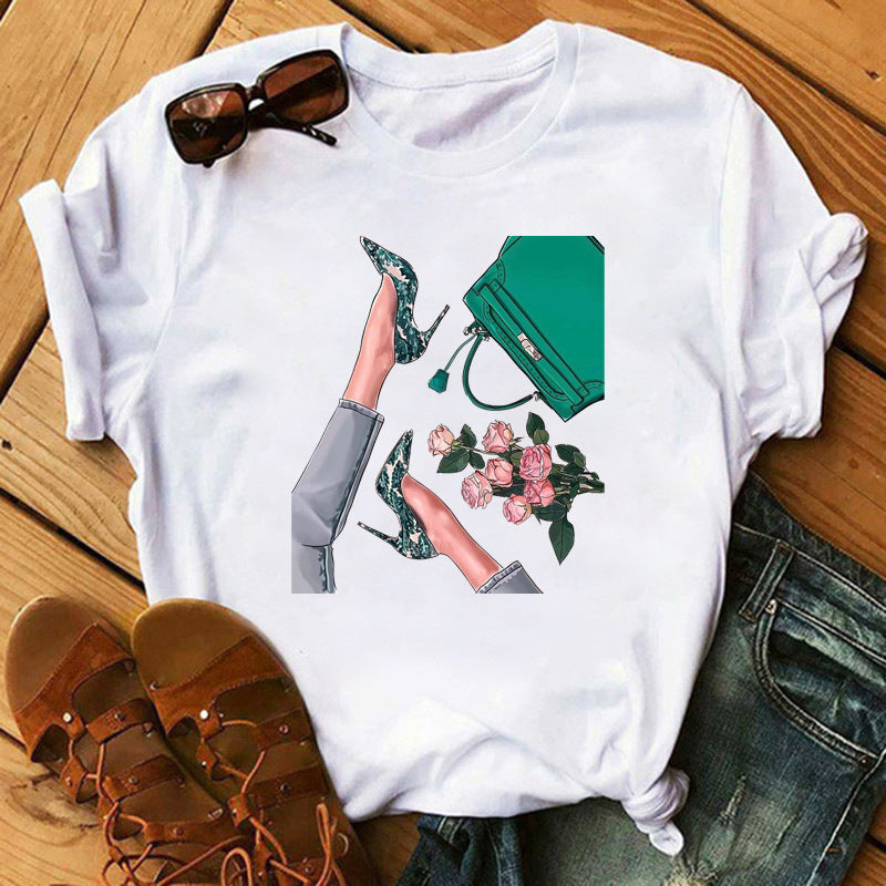 Women's High Heels Pattern Cute Loose Top T-shirt