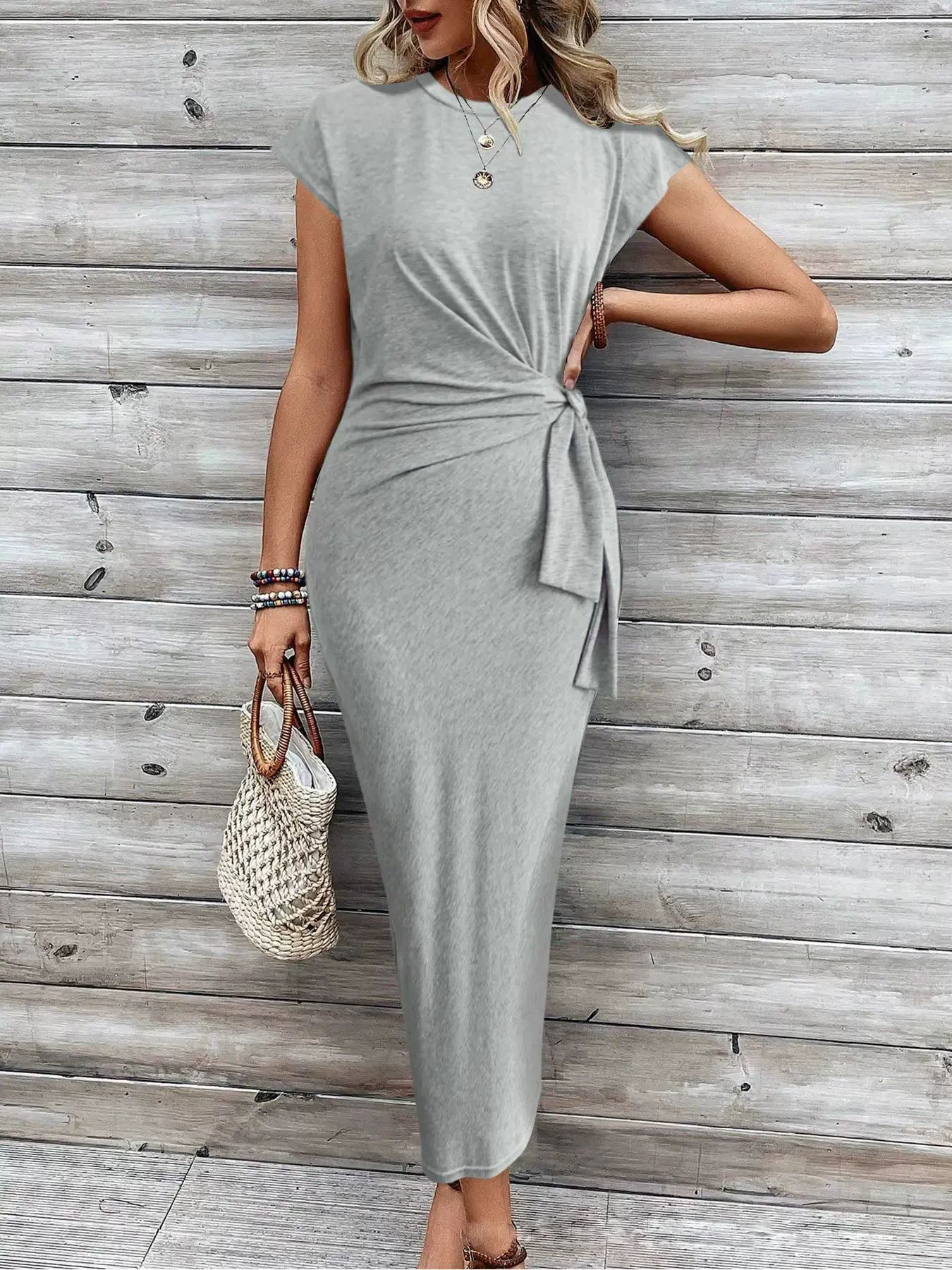 Elegant Striped Waist Strap Two-Piece Dress Set – Round Neck Short Sleeve & Long Skirt for Women