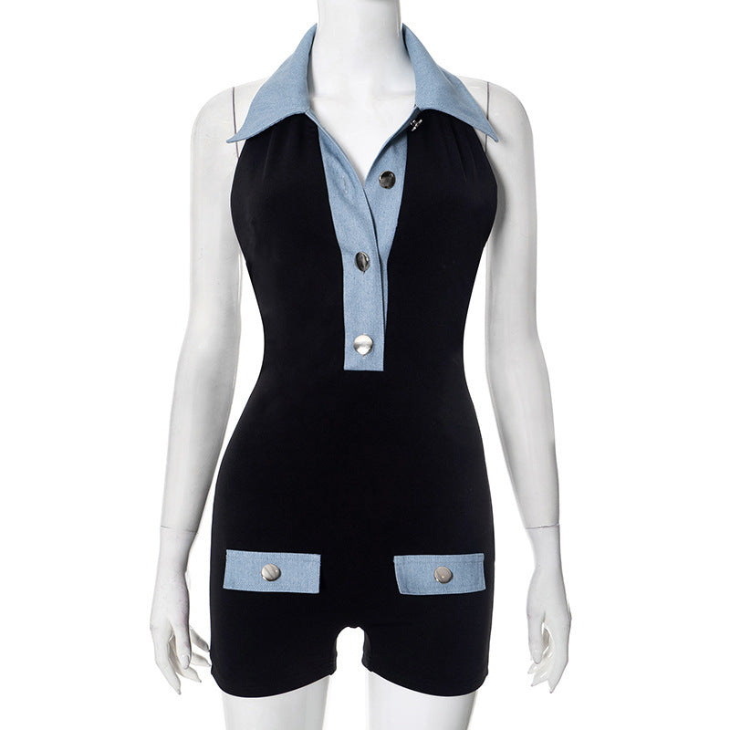Polo Collar Denim Contrast Color Slimming One-Piece Shorts for Women – Casual Summer Fashion Romper