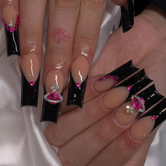 French Black Edge Nail Shaped Piece Queen Mother Rose Rhinestone Fake Nails