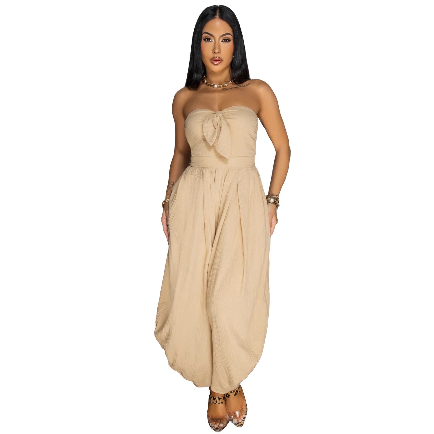Sleek Chest Wrap Collar Jumpsuit – Elegant Solid Color One-Piece for Women