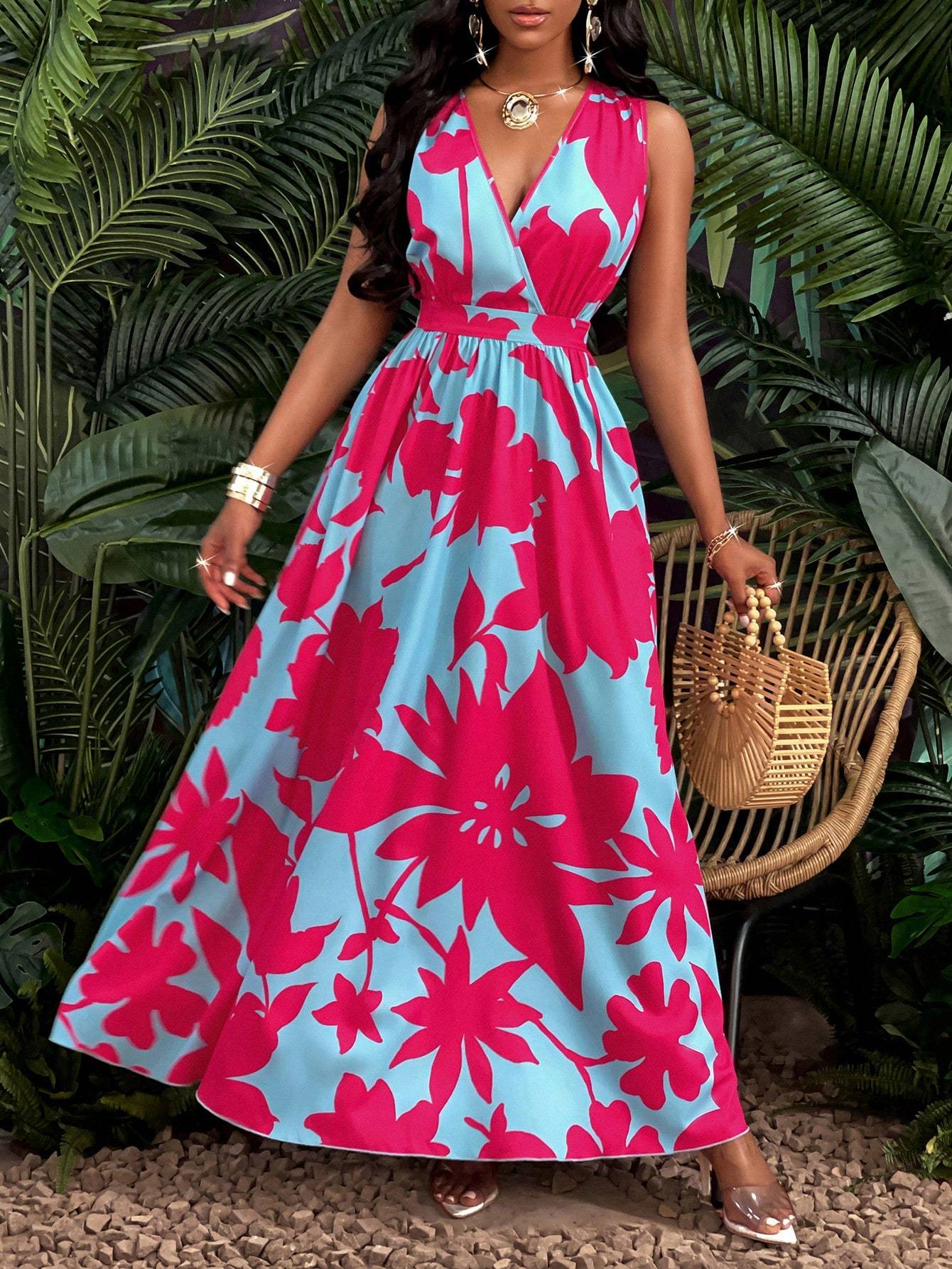 Deep V Neck Fit & Flare Maxi Dress – Elegant Cinched Waist Women's Evening Gown
