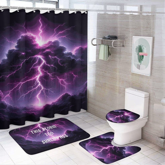 Black and Purple Thunder Storm Shower Curtain Set with 3 Rugs/ Guest Bathroom/ Master Bathroom