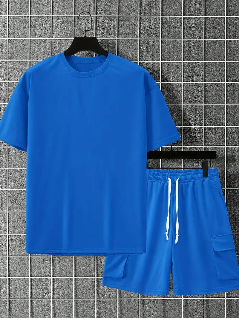 Men's Casual 2-Piece Set – Solid Crew Neck T-Shirt & Drawstring Shorts with Multi Pockets | Summer Outfit for Outdoor, Street wear, Lounge wear