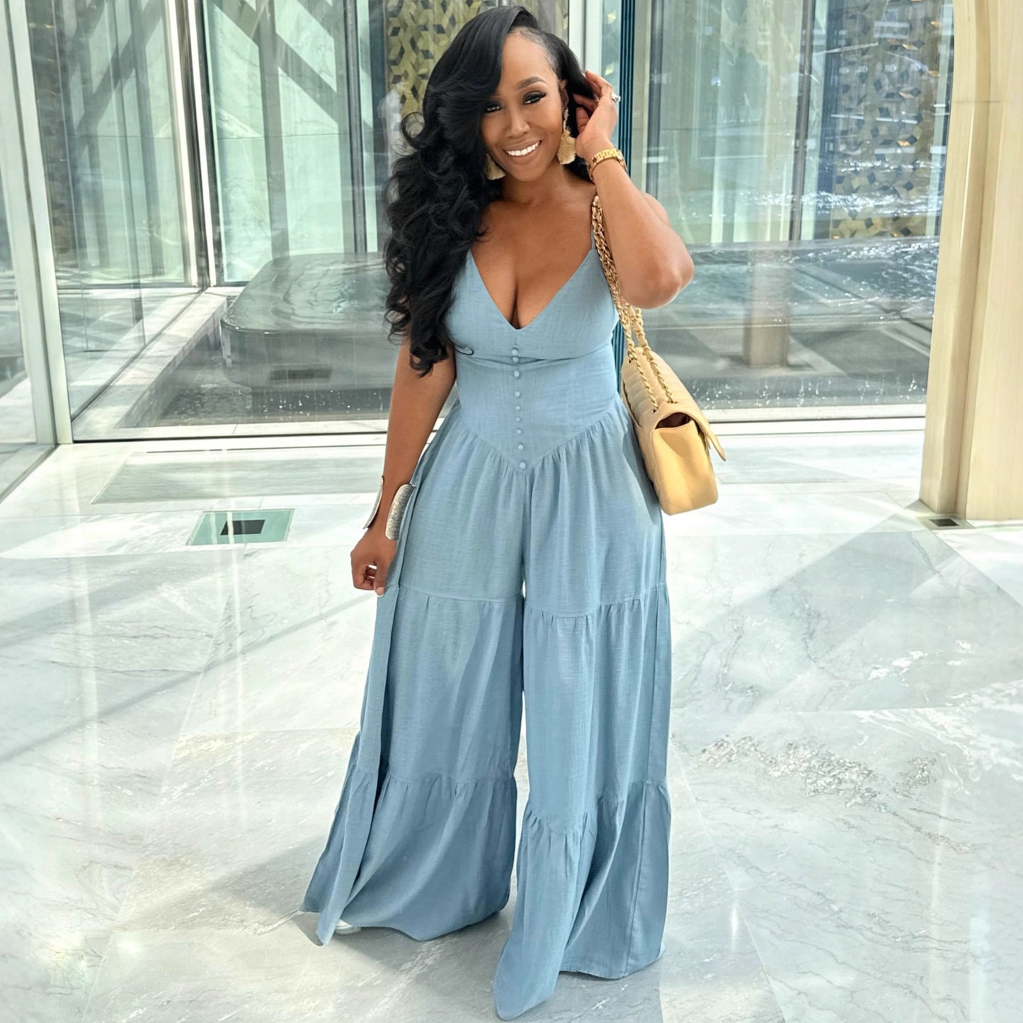 Women’s Deep V-Neck High Waist Jumpsuit – Sexy Elegant Wide Leg Romper, Long Sleeve Bodycon One Piece Outfit, Night Out Clubwear