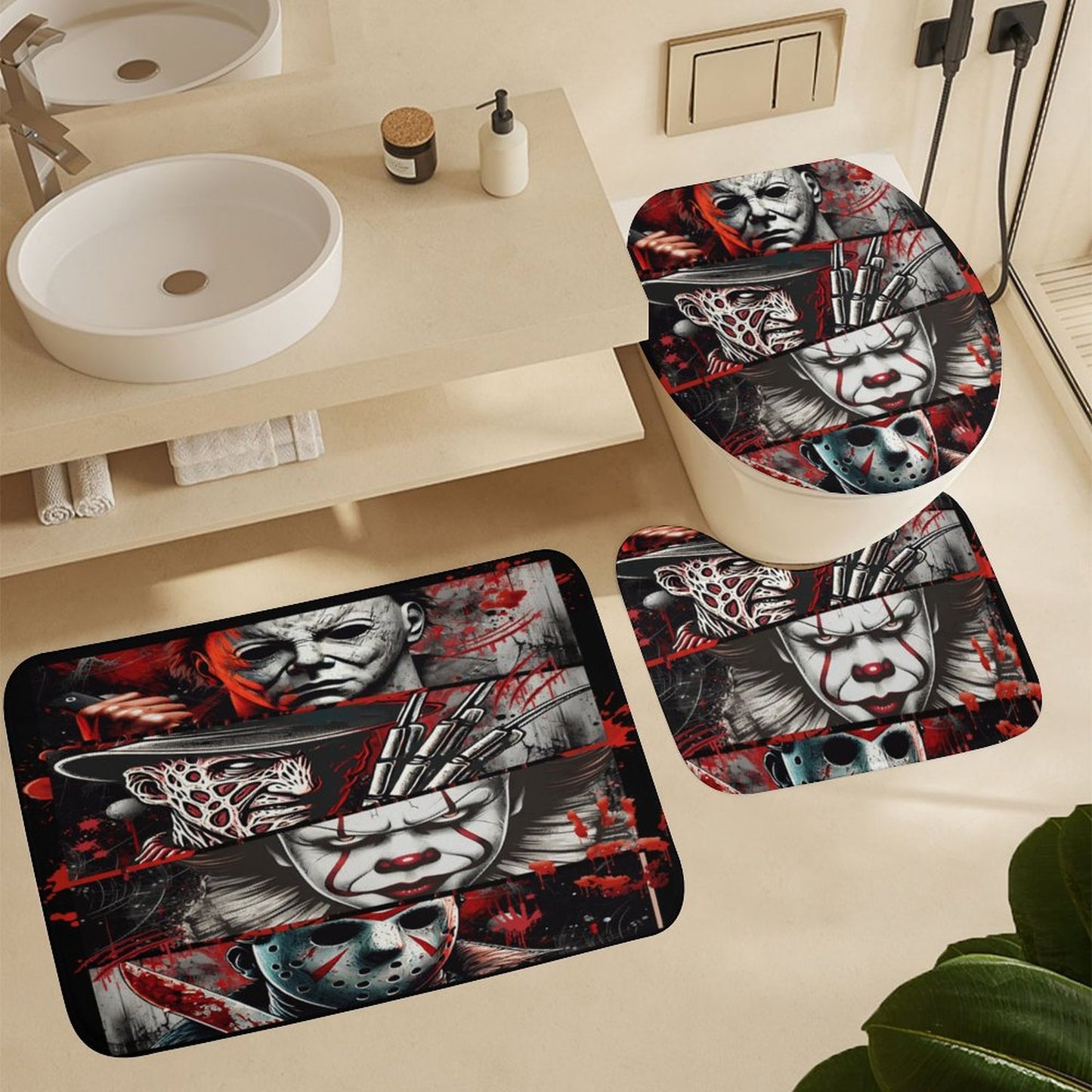 Horror Movie Characters Shower Curtain Set with 3 Rugs