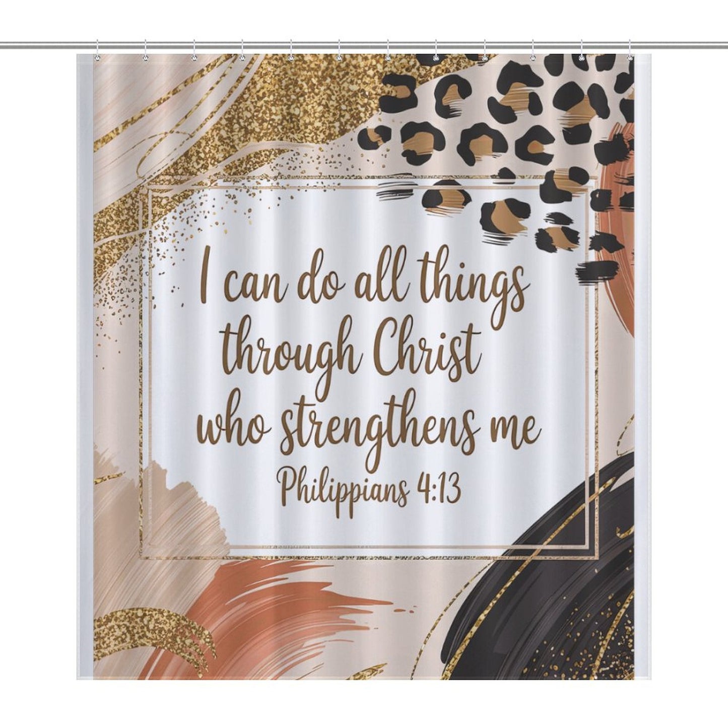 Philippians 4:13 Shower Curtain – Pink, Gold & Leopard Print | Inspirational Bible Verse Bathroom Decor | Christian Faith Home Accent