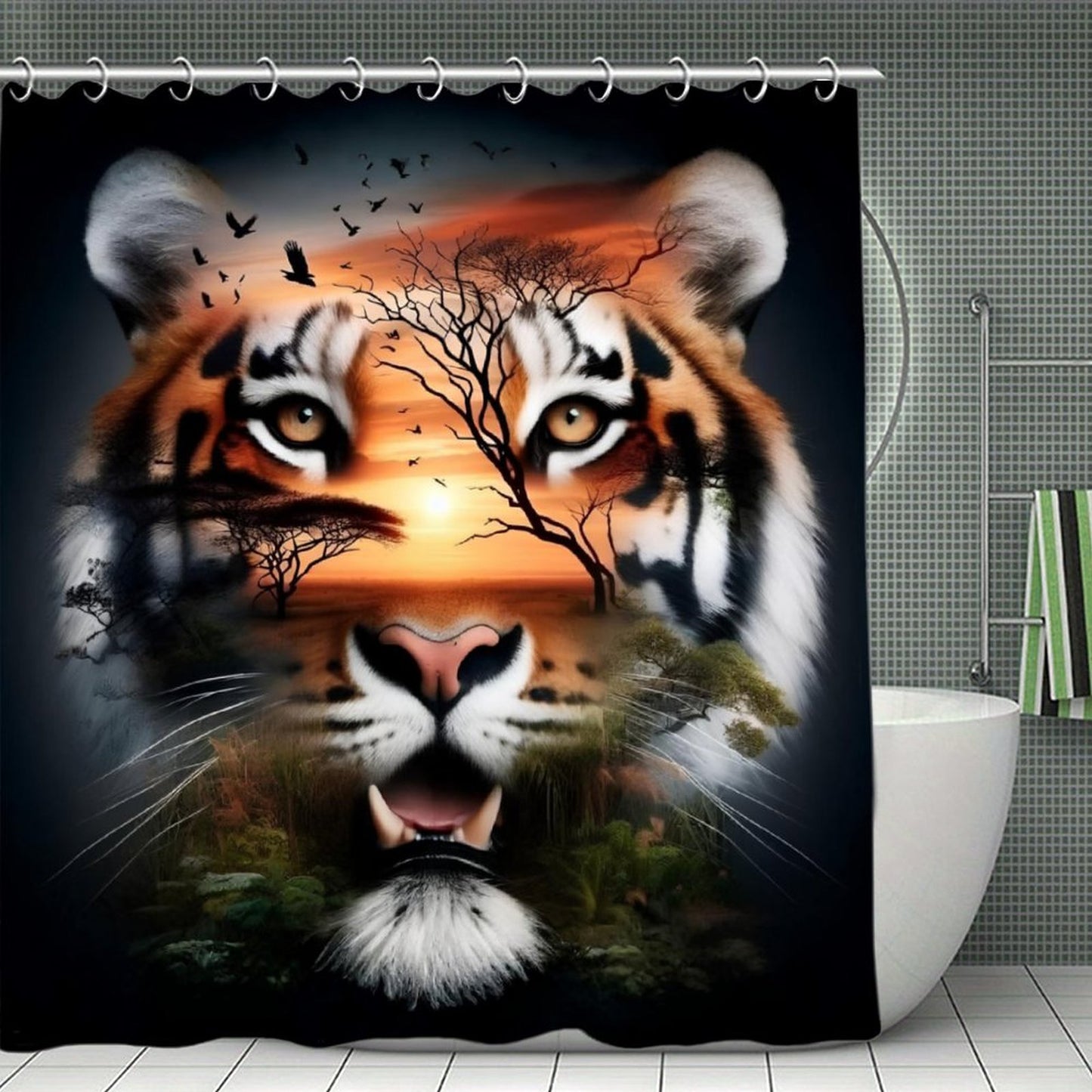 Mystical Tiger Sunset Shower Curtain, Masculine Wildlife Bathroom Decor, Safari Tiger Bath Curtain, Nature Animal Bathroom Set, Rustic Modern Bath Art
