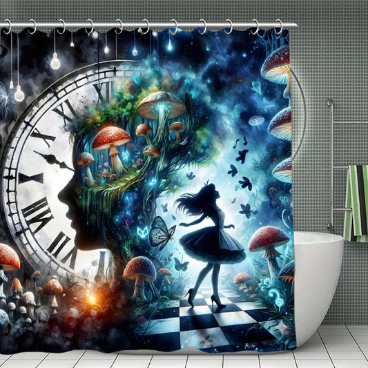 Midnight Wonderland Dreamscape Shower Curtain – Surreal Fantasy Mushroom Forest with Cosmic Clock & Enchanted Silhouette