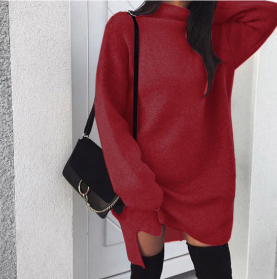 Casual Loose Knit High Neck Split Women Sweater Dress