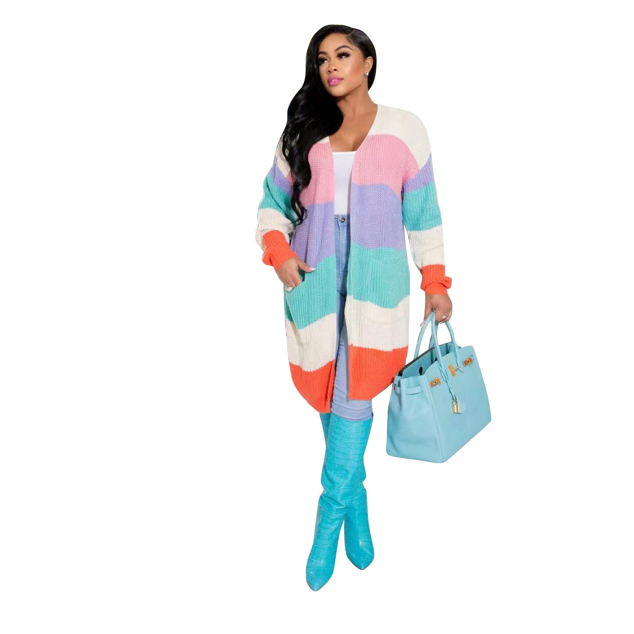 Chic Women's Multi-color Mosaic Knitted Cardigan - Long Sleeves