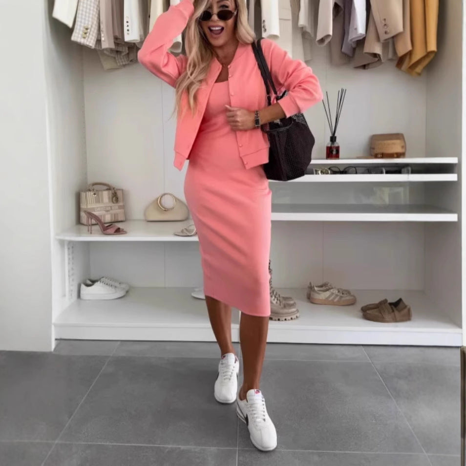 Solid Color Sling Dress & Cardigan Two-Piece Set | Women’s Long Skirt & Outerwear Top | Elegant Casual Outfit