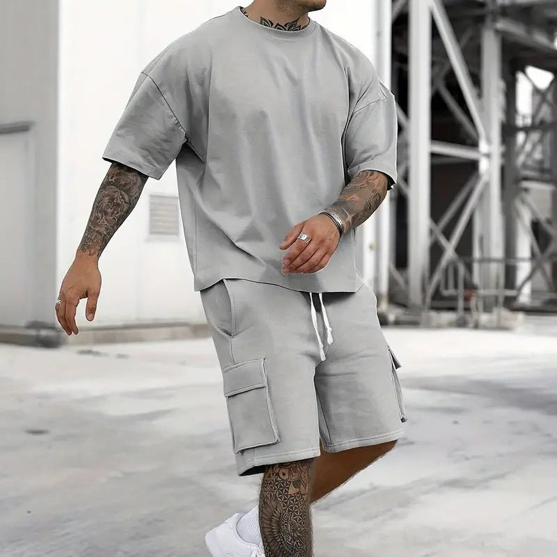 Men's Casual 2-Piece Set – Solid Crew Neck T-Shirt & Drawstring Shorts with Multi Pockets | Summer Outfit for Outdoor, Street wear, Lounge wear