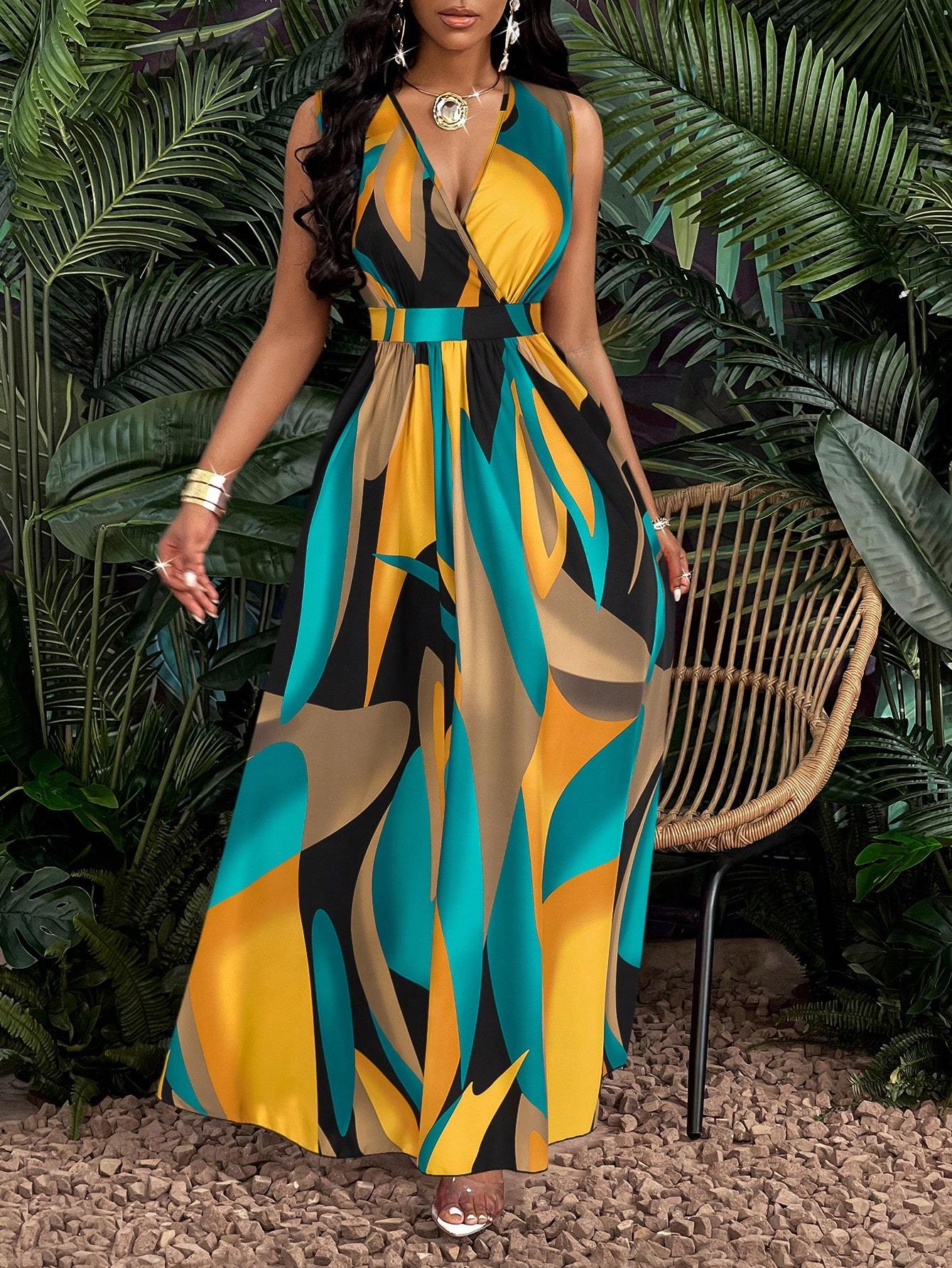 Deep V Neck Fit & Flare Maxi Dress – Elegant Cinched Waist Women's Evening Gown