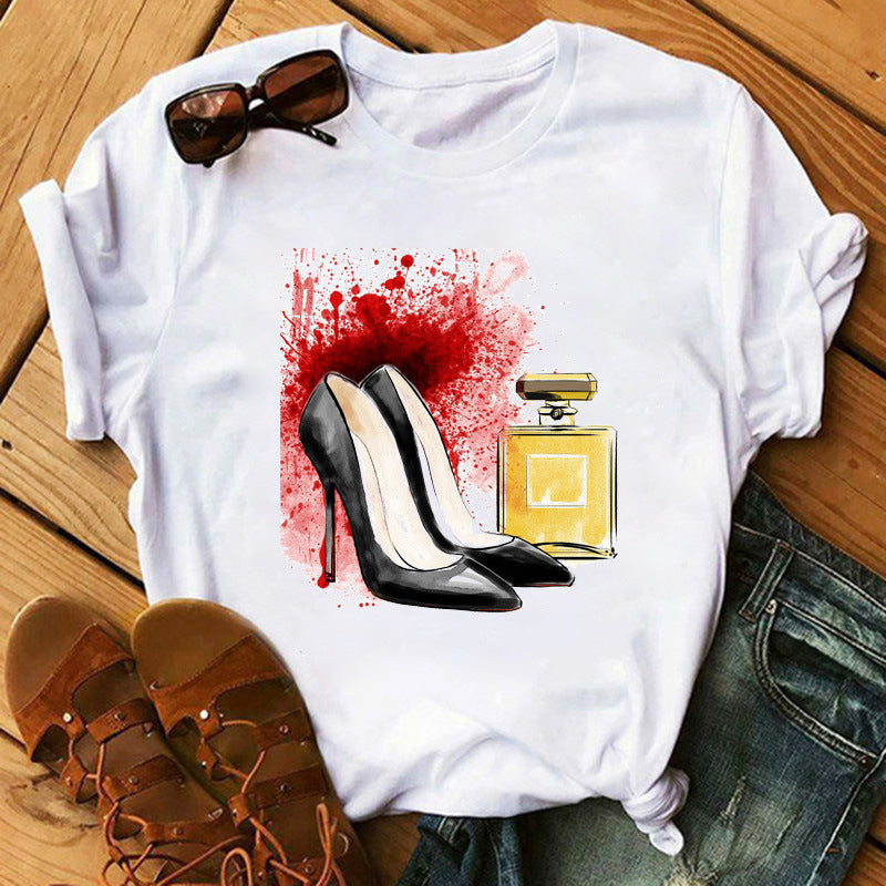 Women's High Heels Pattern Cute Loose Top T-shirt