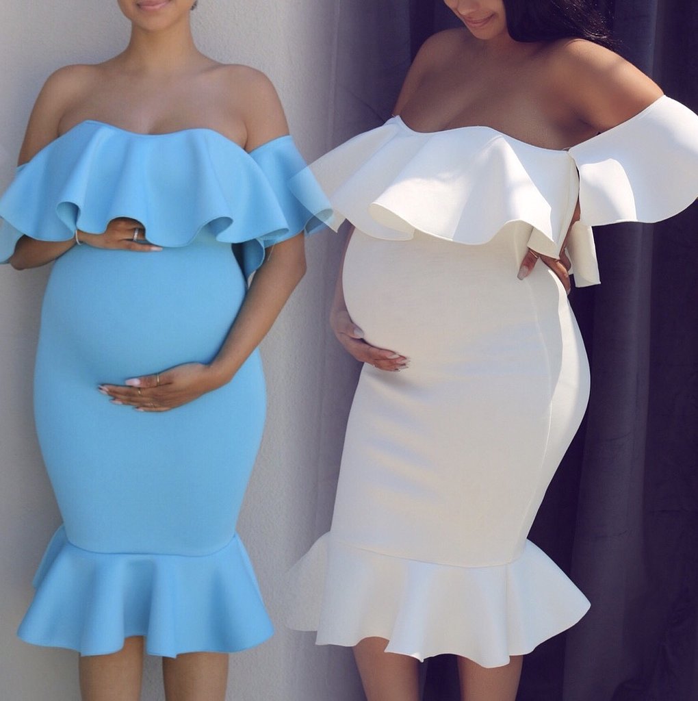 Elegant Maternity Ruffle Dress for Women – Stretchy Elastic Waist Pregnancy Dress | Comfortable Flowy Baby Shower, Casual & Photoshoot Outfit