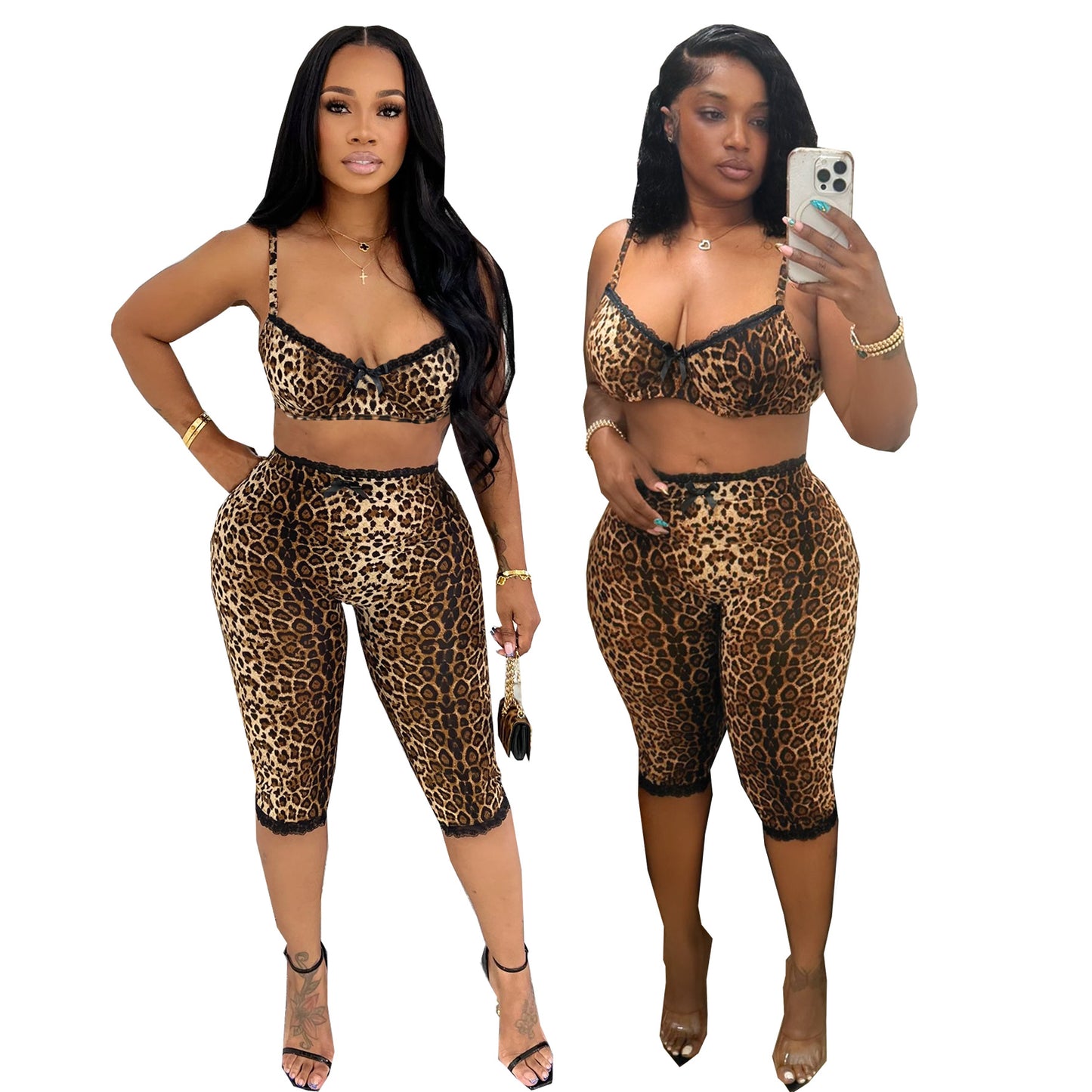 Leopard Print Sexy Lace Trim Two-Piece Set | Cropped Bra Top & High Waist Pants Lounge Set | Women’s Clubwear Outfit