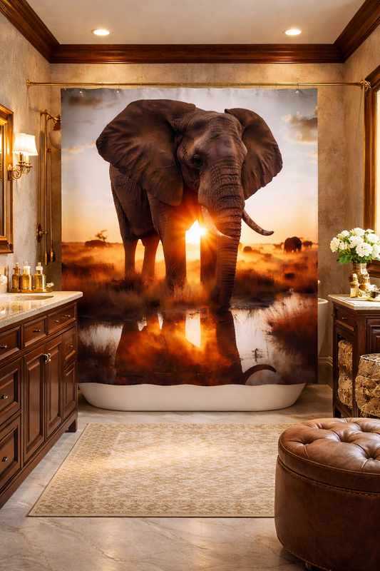 Golden Safari Elephant Shower Curtain | African Sunset Wildlife Bathroom Decor | Rustic Nature Bath Curtain | Boho Safari Home Decor