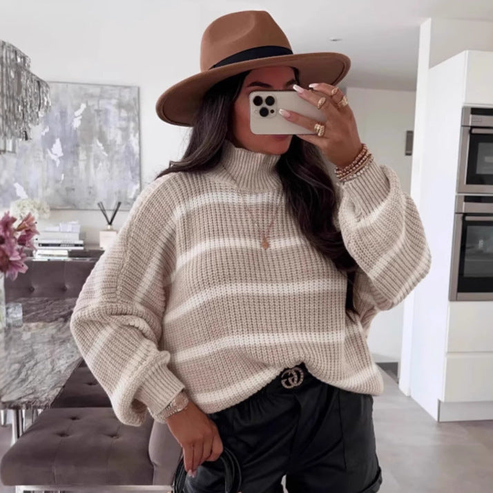 Loose Striped Mock-Neck Knitwear Pullover | Contrast Color Oversized Sweater for Women | Cozy Fall Winter Fashion | Casual Streetwear Sweater Top