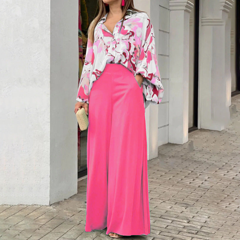 Loose & Elegant Casual Printed Shirt Top + Wide-Leg Pants Set | 2-Piece Fashion Outfit for Women