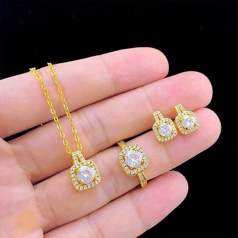 Fashion Jewelry Set Zircon Gem Pendant Chain Choker Necklace For Women Gold Color Stud Earring