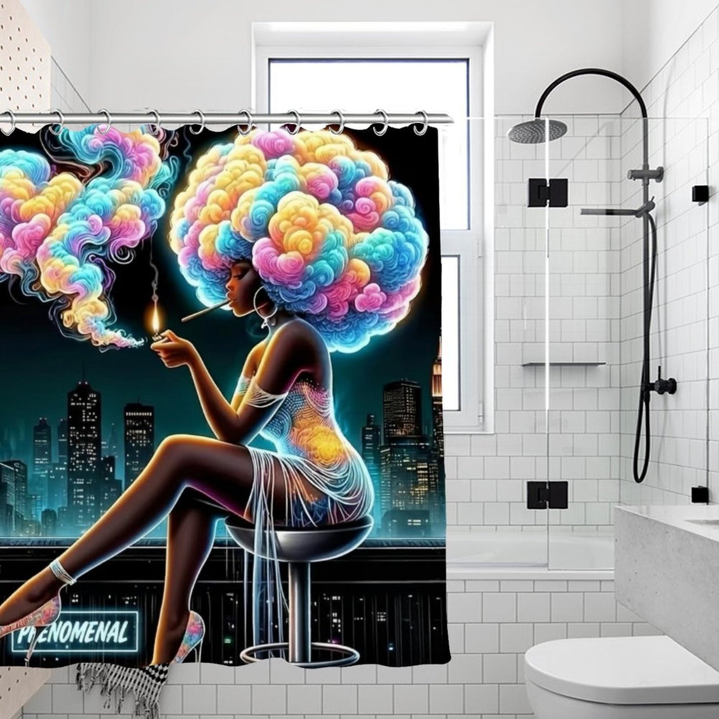 PHENOMENAL Neon Smoke Afrocentric Shower Curtain | Black Woman Art | Cityscape Vibe | Unique Maximalist Home Decor