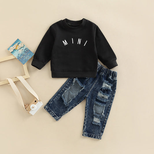 Little Boys Denim Letter Long Sleeve Two-piece Set