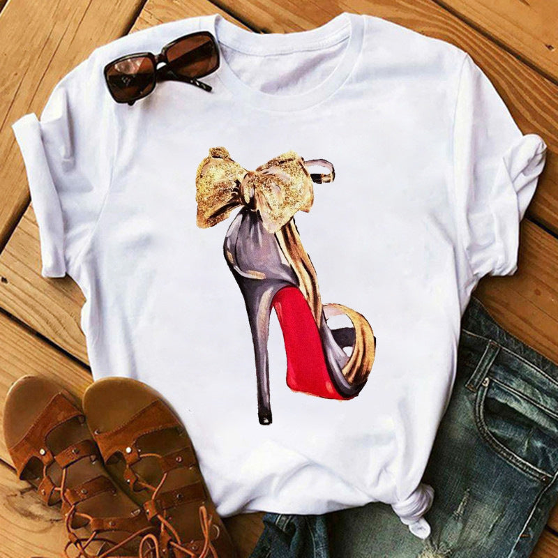 Women's High Heels Pattern Cute Loose Top T-shirt
