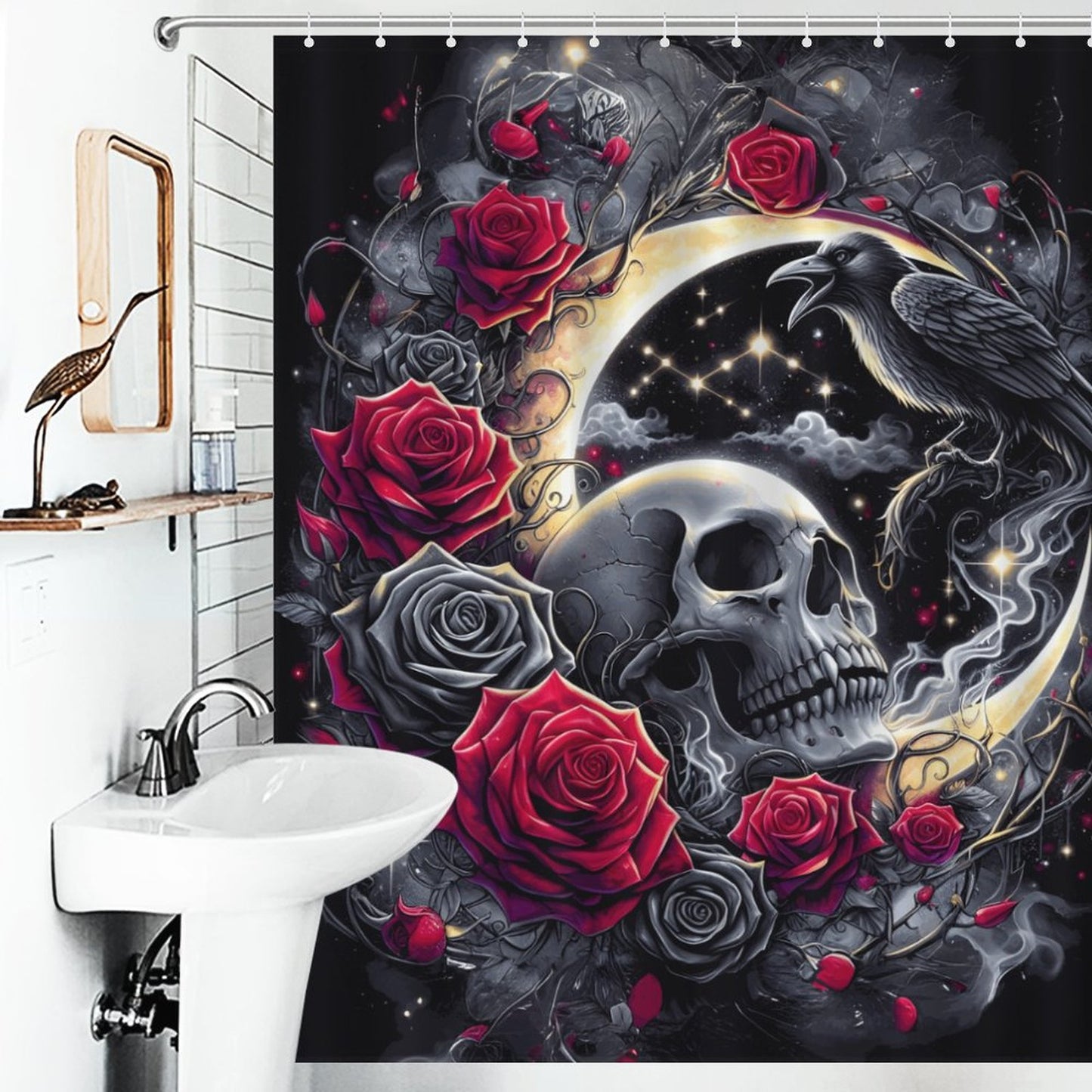 Mystic Skull & Roses Gothic Shower Curtain – Bathroom Decor
