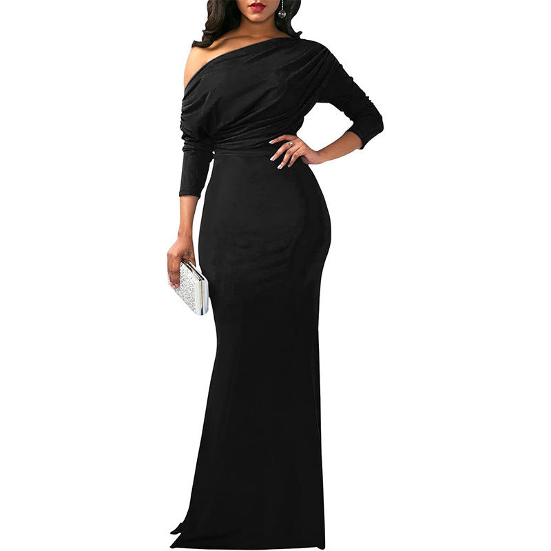 Independent Station Cross Border Elegant Sexy Oblique Shoulder Long Dinner Evening Dress