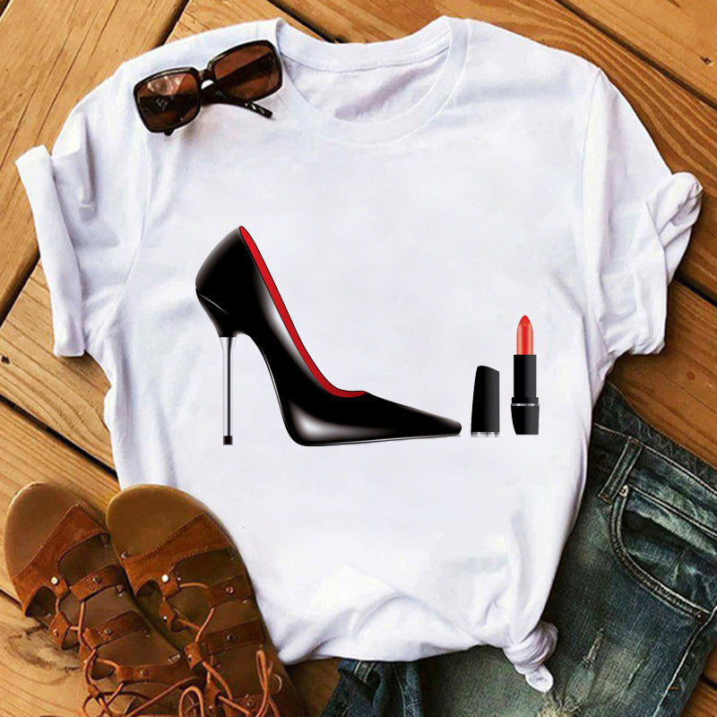 Women's High Heels Pattern Cute Loose Top T-shirt