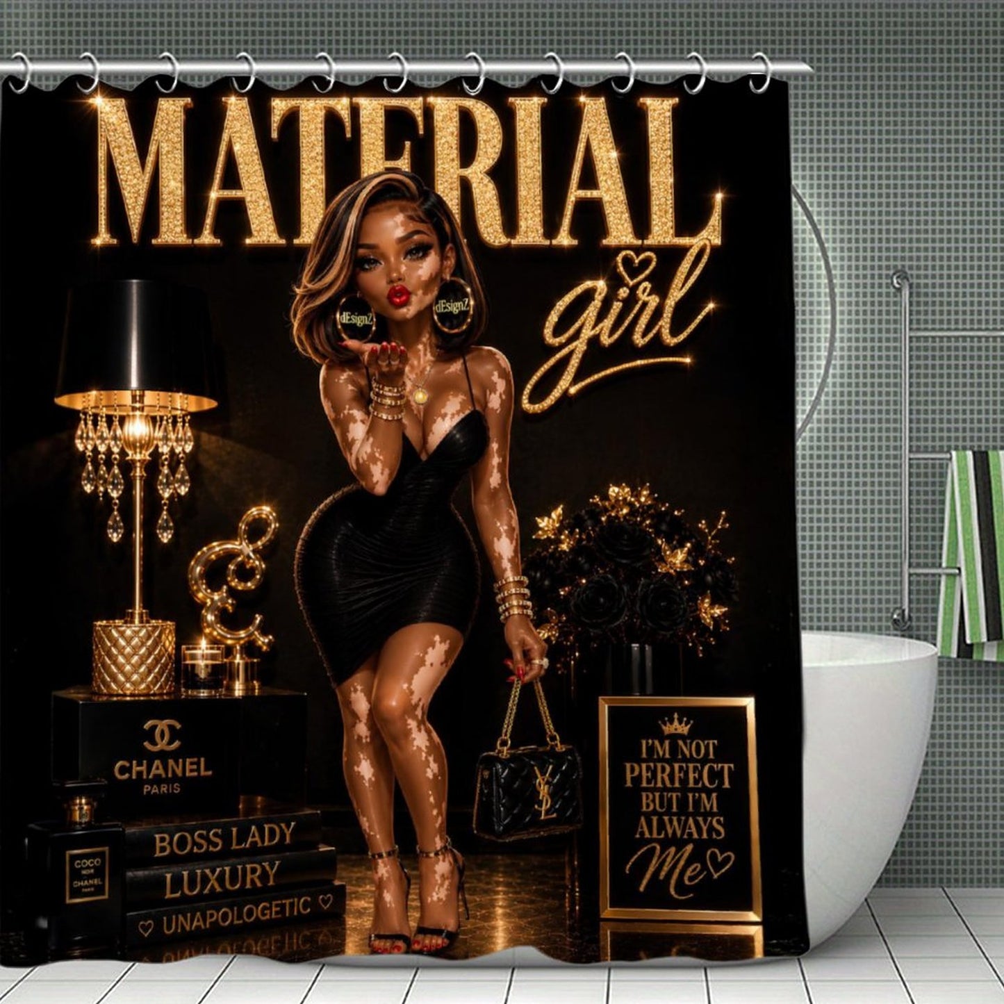 Material Girl Luxury Waterproof Shower Curtain | Black & Gold Glam Bathroom Decor | Fashion-Inspired Vitiligo Beauty Bath Curtain | Modern Chic Bathroom Accent