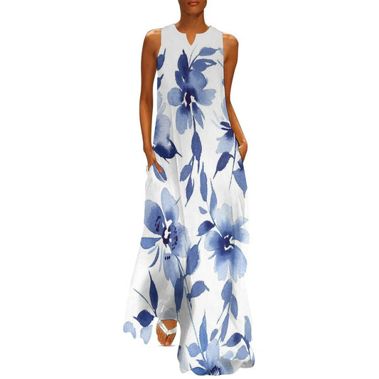 Elegant White Sleeveless Ankle-Length Dress with Blue Butterflies | Women's Dress