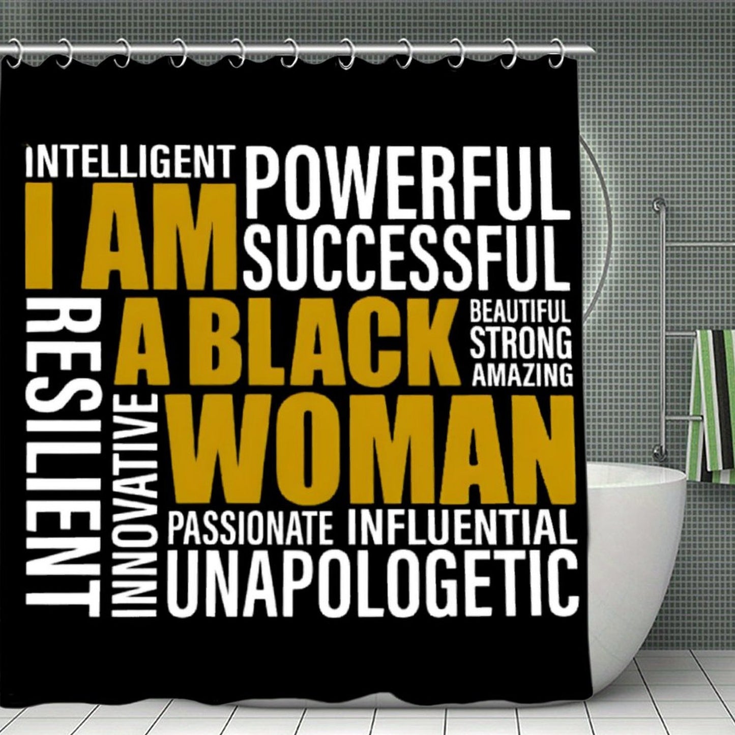 I Am A Black Woman Affirmation Shower Curtain – Empowering Melanin Bathroom Decor | Motivational Quotes | Luxury Black Gold Bath Curtain
