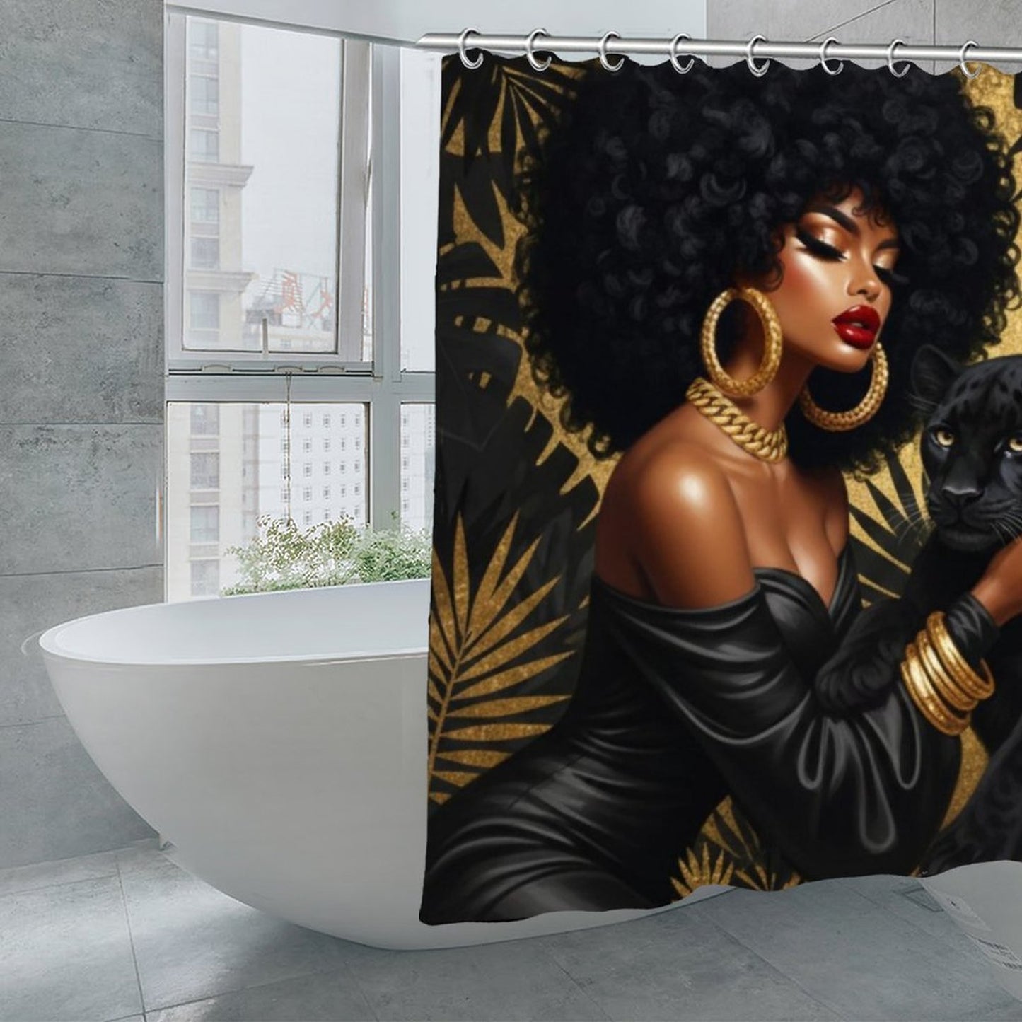 Black Panther Queen Shower Curtain | Black & Gold Afro Art | Melanin Magic Luxury Bathroom Decor | Glamorous Jungle Print | Red Lips & Gold Jewelry
