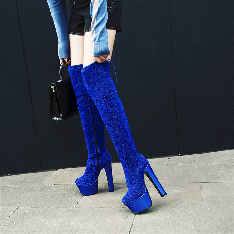 Women's Thigh Bling Sequined Cloth Platforms High Heels Long Boots