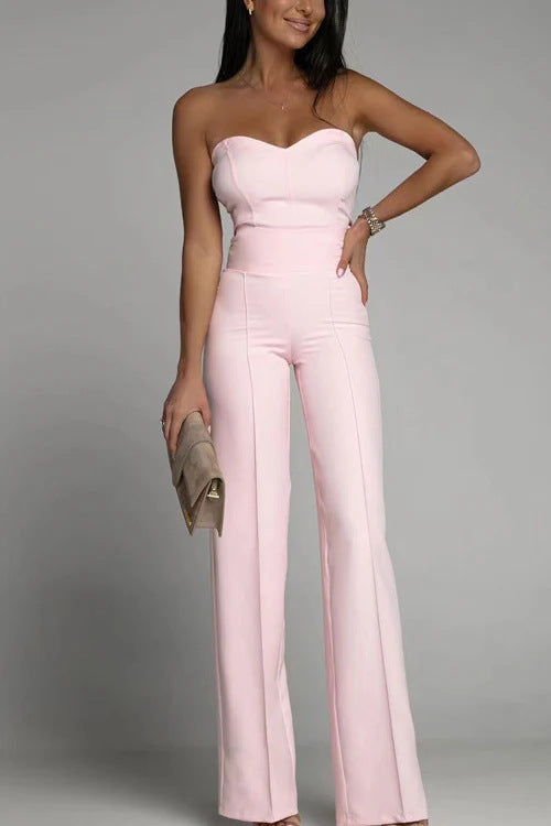 Women’s Slim-Fit Tube Top Straight Leg Jumpsuit – Chic Strapless One-Piece Outfit