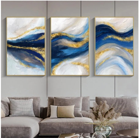 Abstract Canvas Painting Blue Gold White – Modern Wall Art Contemporary Home Living Room Décor