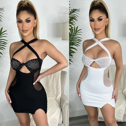 Sling Hot Drilling Nightclub Dress for Women – Sexy Sparkling Bodycon Party Outfit, Sleeveless Clubwear Mini Dress