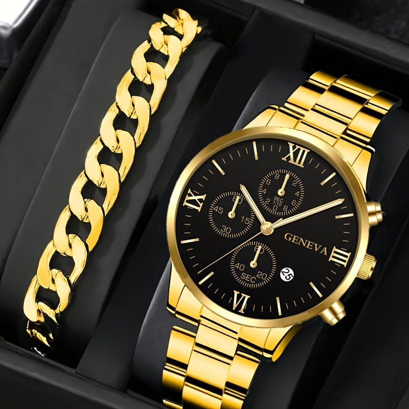 2Pcs Men’s Luxury Steel Strip Quartz Watch & Bracelet Set – Fashion Business Three-Eye Wristwatch Set for Men | Modern Elegant Gift Set
