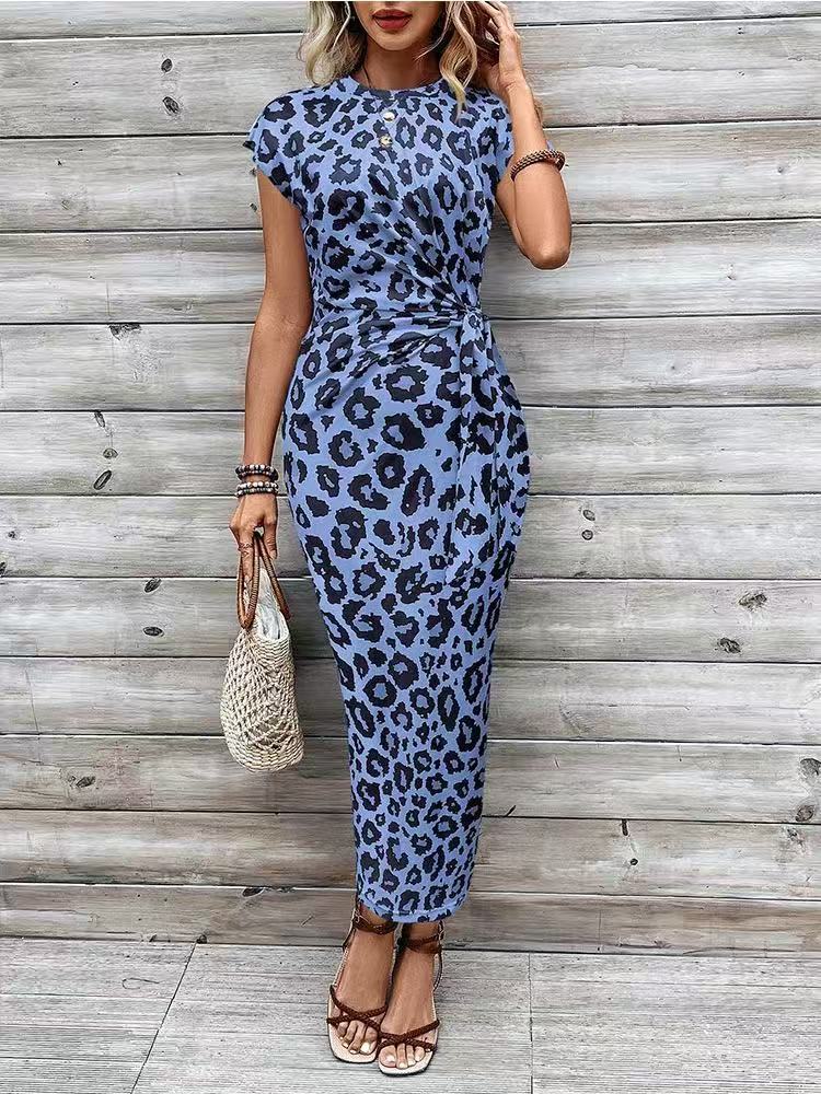 Elegant Striped Waist Strap Two-Piece Dress Set – Round Neck Short Sleeve & Long Skirt for Women