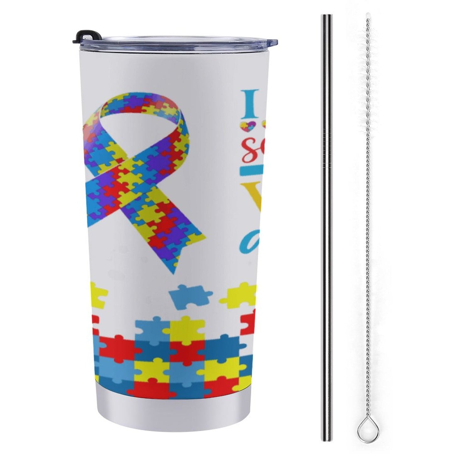 Autism Awareness 20oz Travel Mug Set with Cleaning Kit – 590ml Insulated Coffee Tumbler, Puzzle Design, Neurodiversity Support Gift, Hot & Cold Cup