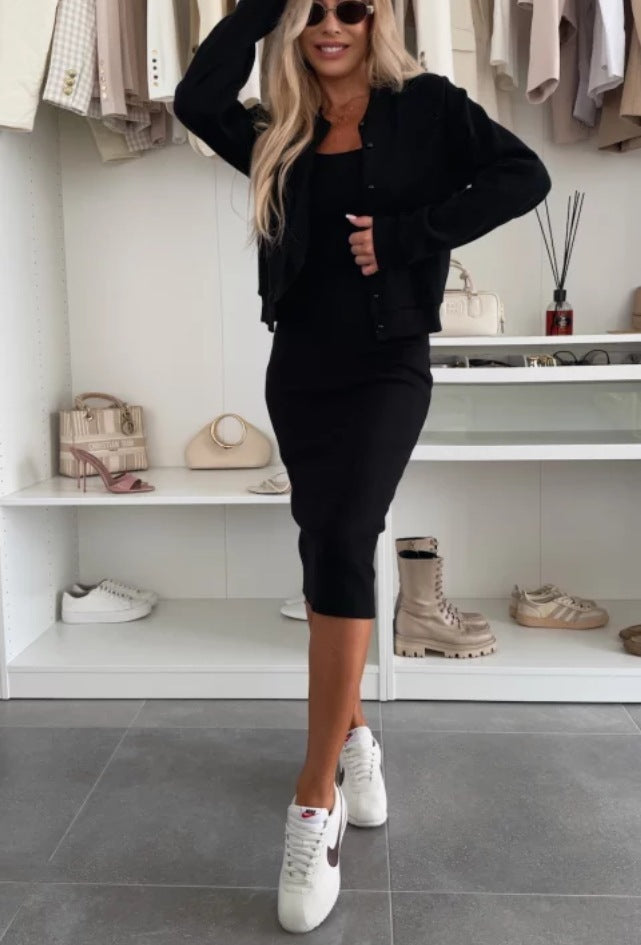 Solid Color Sling Dress & Cardigan Two-Piece Set | Women’s Long Skirt & Outerwear Top | Elegant Casual Outfit