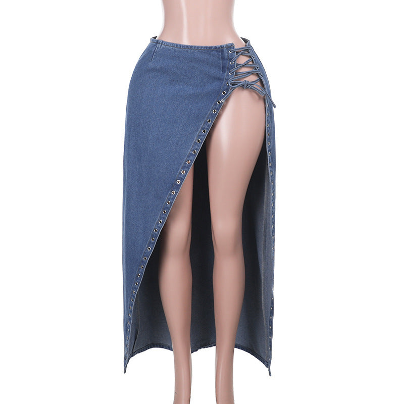 Women's Lace-Up Split Sheath Denim Skirt – Trendy & Chic High-Waist Fashion