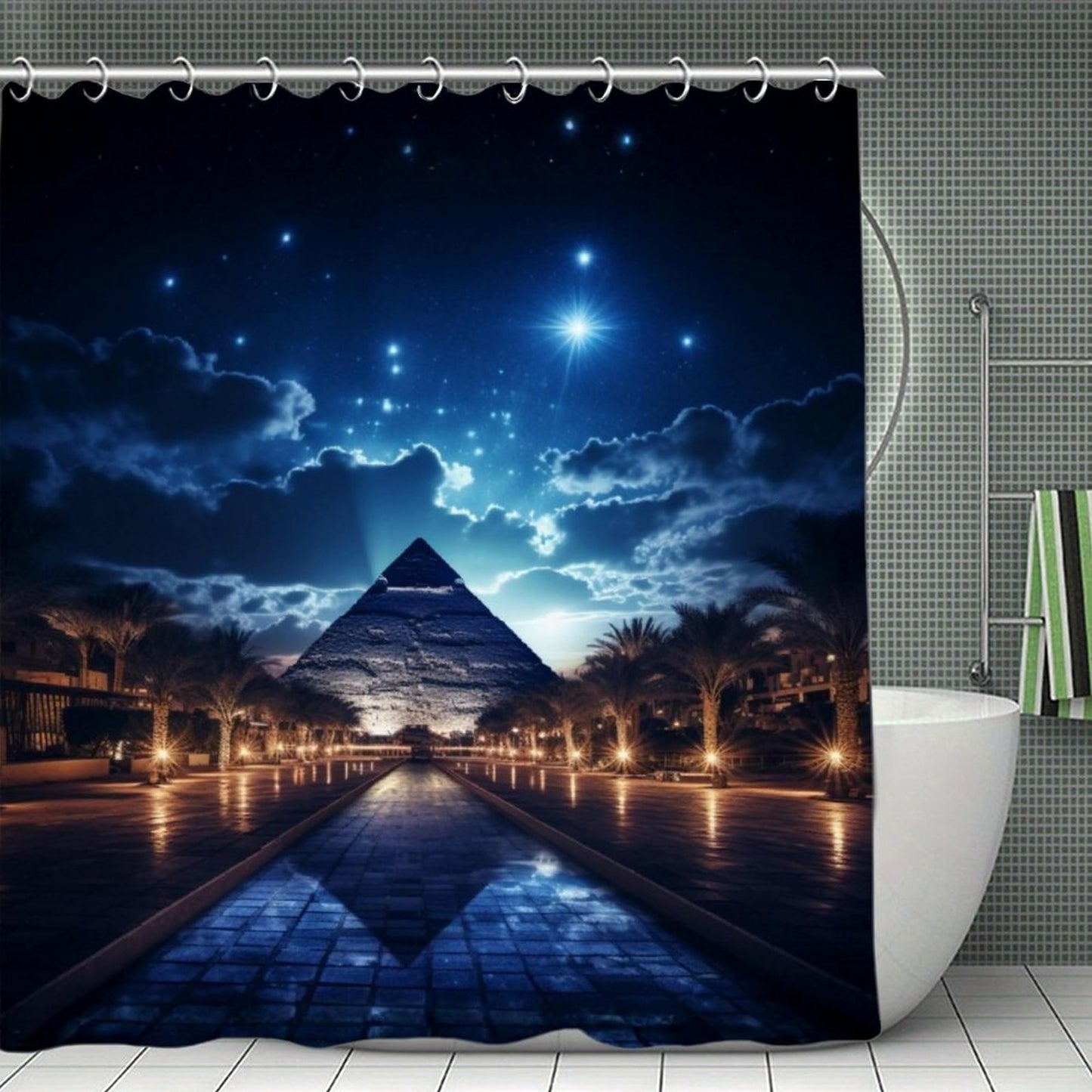 Midnight Pyramid Oasis Shower Curtain – Starry Night Sky & Egyptian Desert Landscape Bathroom Decor – Luxury Blue & Gold Bathroom Aesthetic