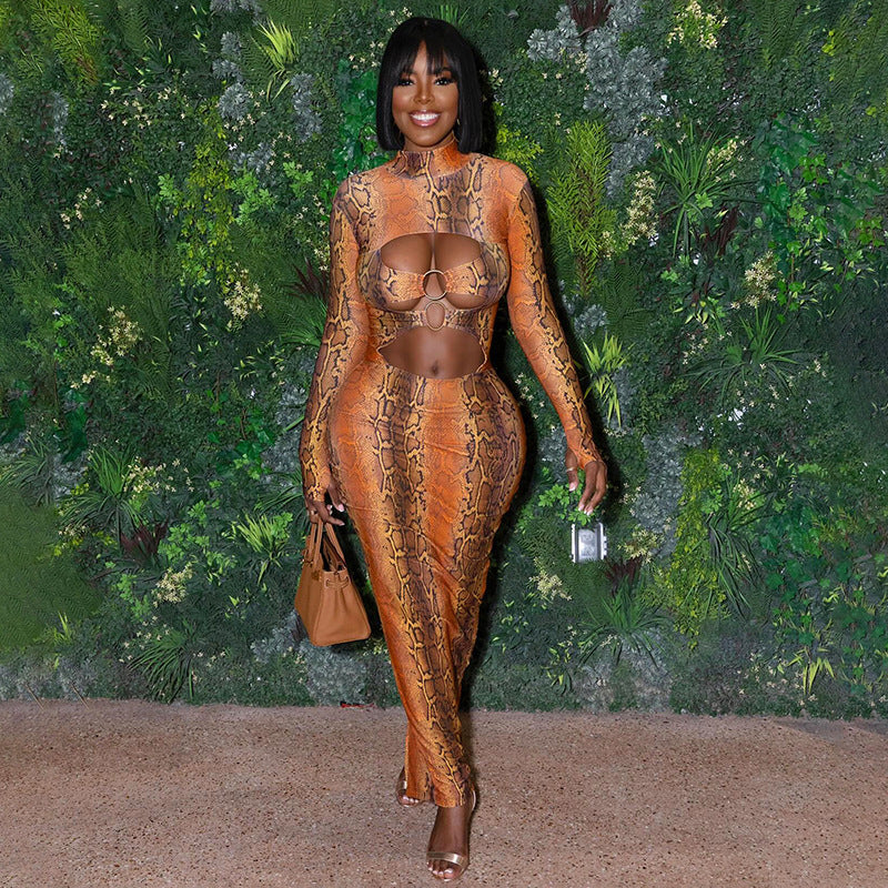 Sexy Hollow-Out Bodycon Maxi Dress for Women – Figure-Hugging Long Sleeve Printed Dress | Elegant Clubwear, Date Night Outfit, Slim Fit Streetwear Fashion