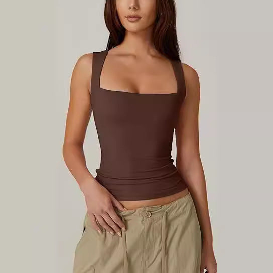 Summer Square-Neck Tank Vest – Women’s Slim Fit Solid Sleeveless Top | Chic Casual Summer Fashion Essential